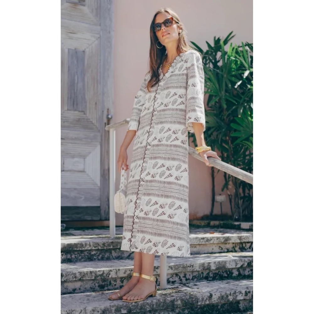 Tuckernuck Brown White Seashell Scalloped Midi Beach Cover Up Dress XL